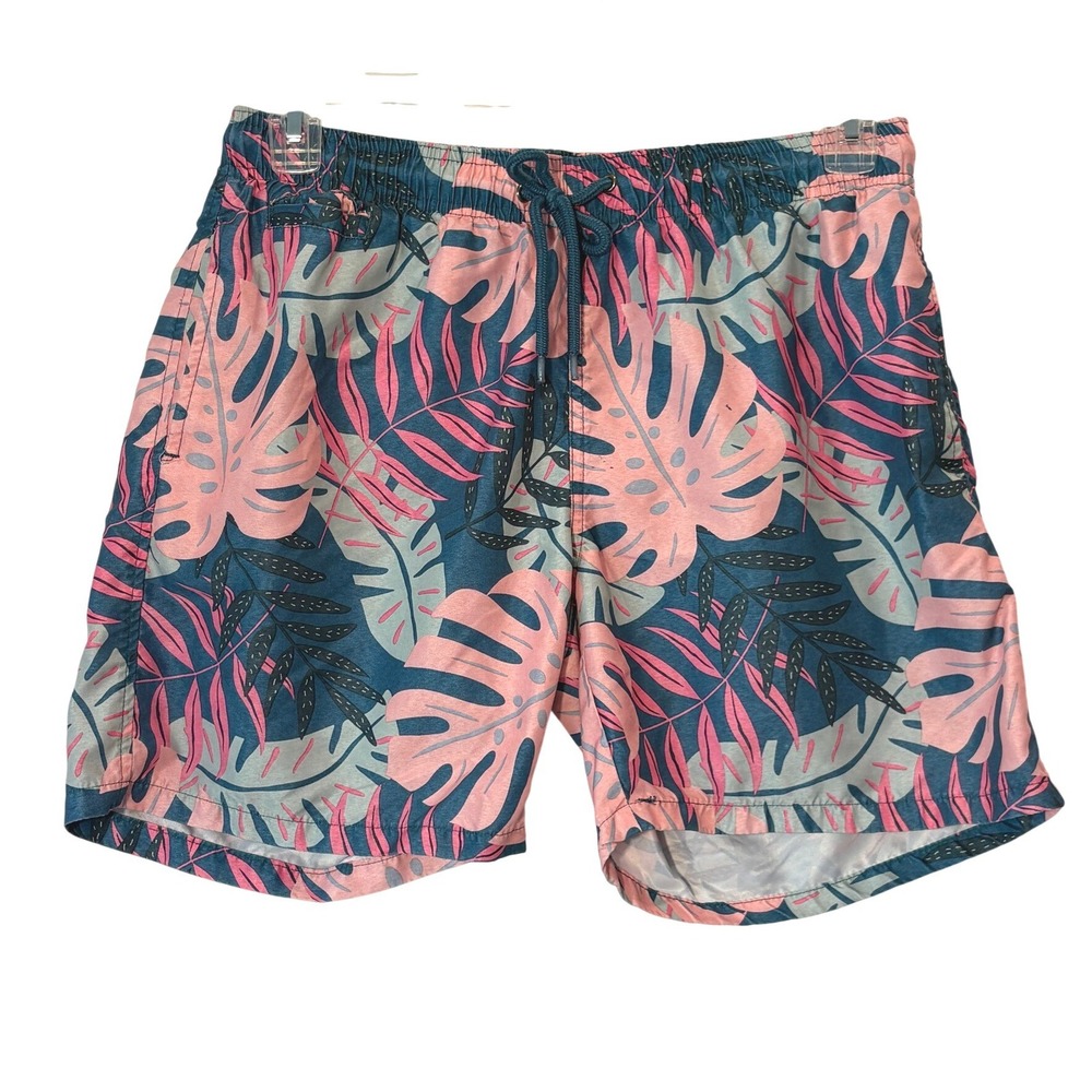 Free Planet Mens Tropical Monstera Leaf Swim Trunks Pink Teal Size Medium